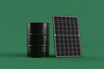 baril de pétrole et panneau solaire all black sur fond vert commercial - mon shopping solaire