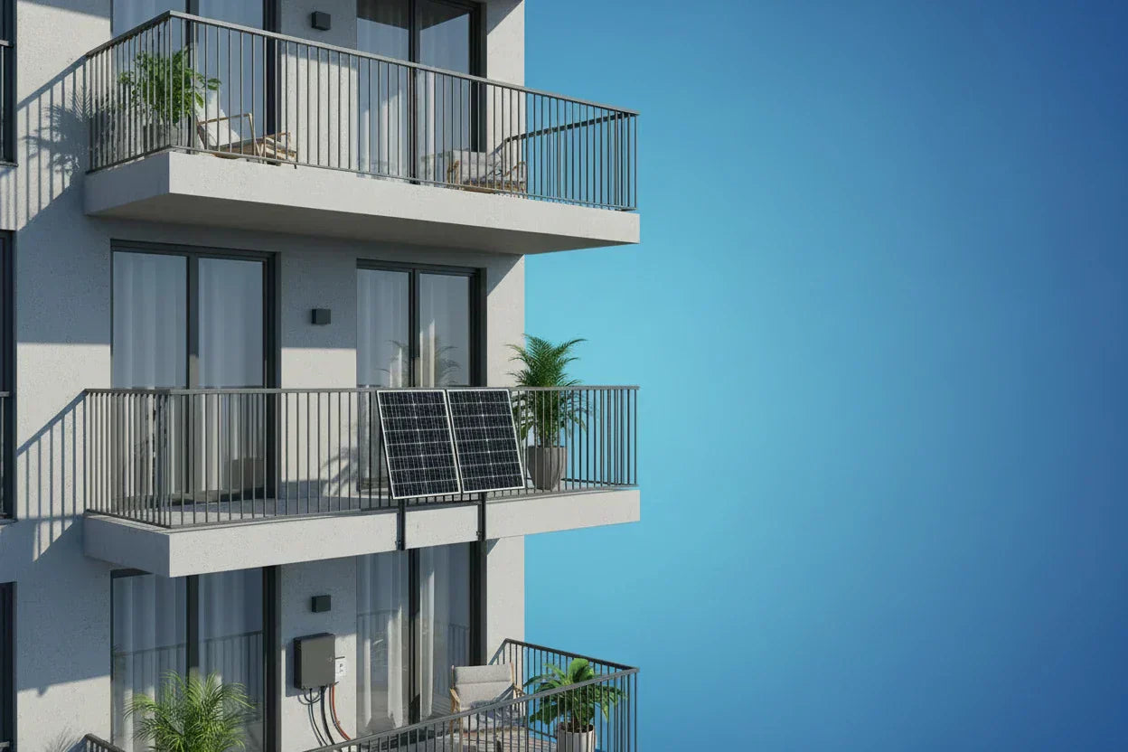 facde d'immeubles avec un kit plug and play solaire sur la terrasse entabilité panneau solaire plug and play