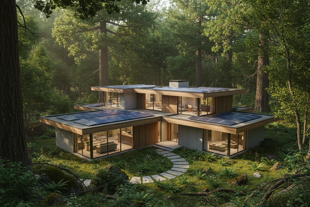 maison connectée avec panneaux solaires sur le toit, dans une forêt