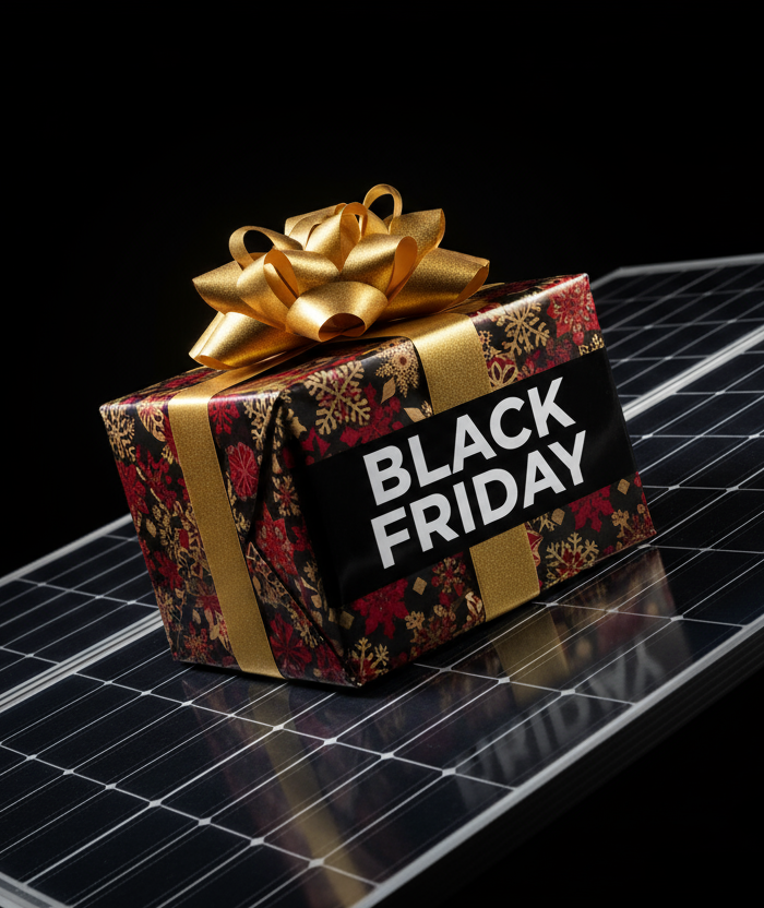 panneaux solaires avec un paquet cadeau écrit black friday dessus, sur fond noir