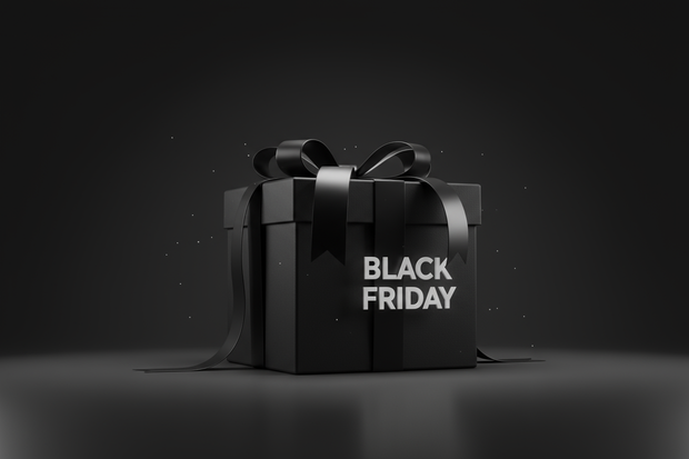 une image avec un paquet cadeau noir en 3d avec écrit dessus black friday, avec fond dark uni commercial